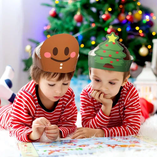 Miniatura 6 de Skylety 40 sombreros de fiesta de papel de Navidad para niños, ajustable, corona de papel, diadema, Papá Noel, elfo, reno, muñecos de nieve, hombre