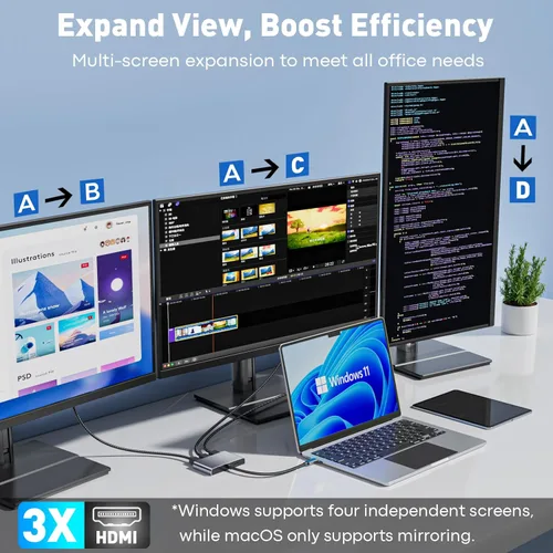 Miniatura 2 de UANTIN Adaptador HDMI USB C a 3 con PD 100W, 4K a 60Hz HDMI Splitter Pantalla extendida para múltiples monitores, adaptador para 3 monitores