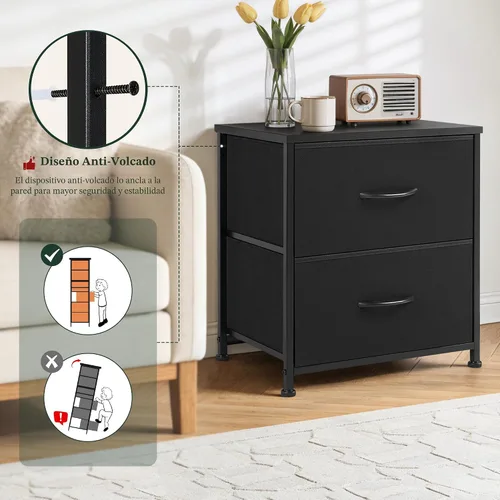 Miniatura 4 de Mesita de noche mejorada, pequeña mesa auxiliar de 2 cajones, muebles de noche, contenedores de tela superior de madera para dormitorio, armario