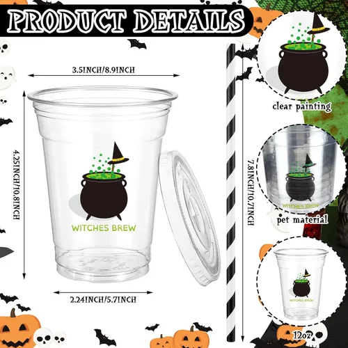 Miniatura 2 de Bokon Juego de 100 tazas de Halloween de 12 onzas con temática de bruja, vasos desechables con tapas y pajitas de papel, suministros de fiesta