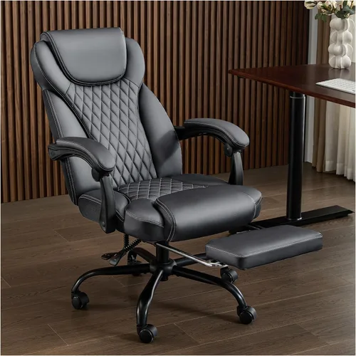 amseatec Silla de oficina grande y alta con reposapiés, silla ergonómica de cuero con respaldo alto, bloqueo infinito reclinable de 90° a 135°, 20