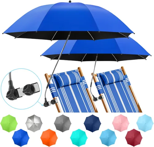 Miniatura 9 de Paquete de 2 paraguas de playa con abrazadera, paraguas ajustable de 360° para silla, paraguas UPF50+ para silla de playa, silla de patio, silla