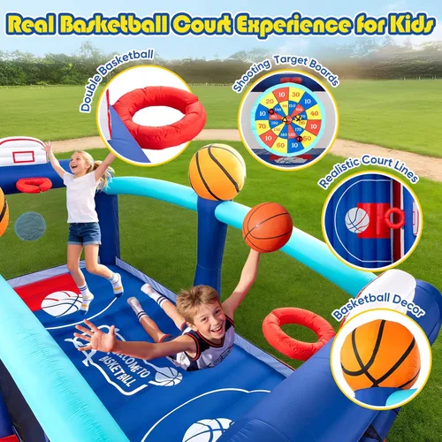 Miniatura 3 de Casa inflable de baloncesto extragrande para niños grandes de 8 a 12 años, castillo hinchable inflable de 16 pies con tobogán y aros dobles, puente