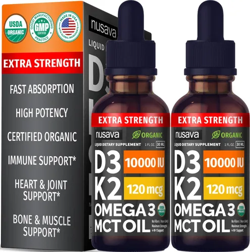 Miniatura 10 de Paquete de 2 gotas orgánicas de vitamina D3 K2 con aceite MCT y Omega 3 - Vitamina líquida D3 5000 UI - Suplemento de vitamina K2 D3 - Gotas