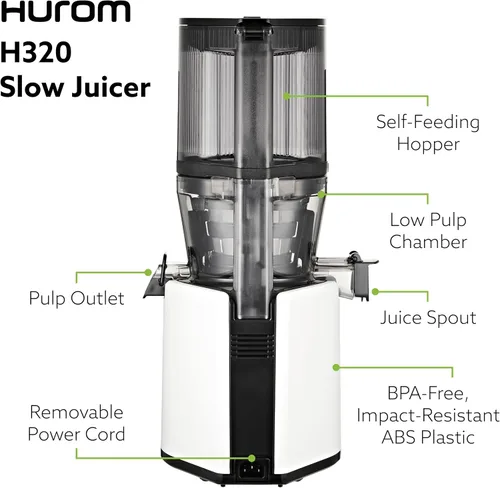 Miniatura 8 de Máquina exprimidora de prensa fría Hurom H320N, exprimidora de masticación lenta fácil de limpiar, coladores gruesos, autoalimentación, sin manos