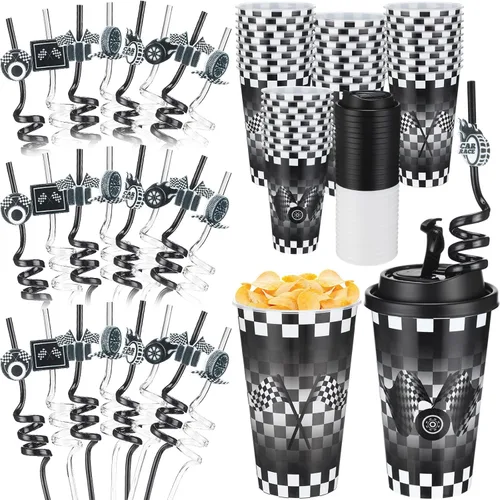 Miniatura 15 de Yungyan 16 juegos de tazas de golosinas con tapas y pajitas para decoraciones de cumpleaños, reutilizables, 16 onzas, vasos de plástico para dulces