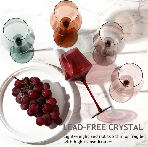 Miniatura 3 de Juego de 6 copas de vino de colores, grandes copas de vino de cristal soplado a mano de 16 onzas, copas de vino coloridas con tallo, rojo y blanco
