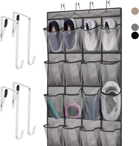 HOME GENIE Organizador de zapatos para colgar sobre la puerta, 24 bolsillos de malla transpirable, soporte de almacenamiento para armario, ganchos