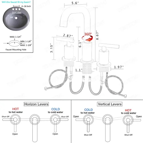 Miniatura 7 de TRUSTMI Grifo de lavabo de baño de 2 manijas de 8 pulgadas de extensión amplia, arco alto, latón, 3 orificios, grifo de tocador con mangueras