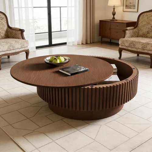 Miniatura 2 de Mesa de centro redonda con almacenamiento, mesas de centro de madera acanalada modernas con base resistente, mesa de té central circular de tambor