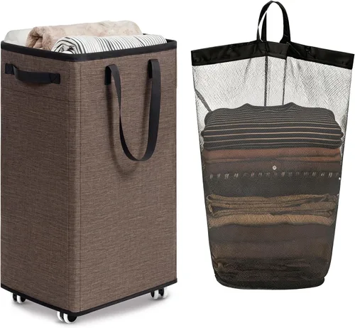 Miniatura 11 de Goodpick - Cesta de lavandería con ruedas, 75L, esenciales para dormitorio de universidad, cesta de ropa con bolsa de lavado extraíble para blanco