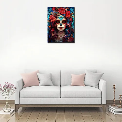 Miniatura 3 de Pintura de diamantes de calavera de azúcar 5D, kit de numeración, arte del día de la muerte, arte de pared de rosa roja, arte de pared con diamantes