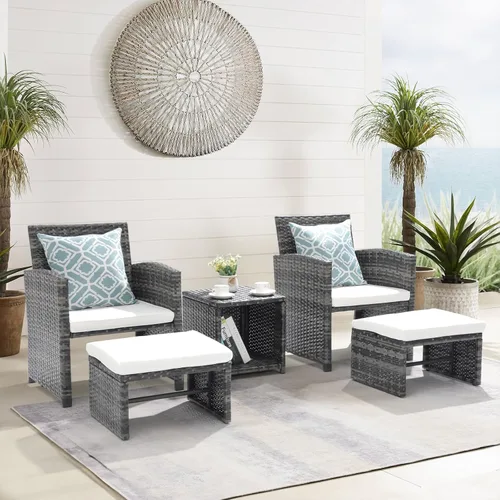 Miniatura 2 de OC Orange-Casual Juego de muebles de patio de 5 piezas, silla de mimbre para conversación al aire libre y juego otomano con mesa auxiliar, almohadas