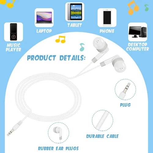 Miniatura 3 de Kigeli Juego de 100 auriculares intraurales con cable para niños y adultos, para aula, estudiantes, auriculares intrauditivos desechables de 0.138