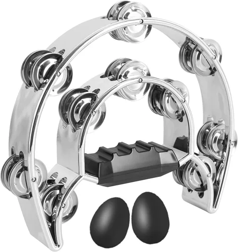 Miniatura 12 de EASTROCK - Pandereta de música, instrumento de percusión de fila única, campana de metal con flores, pandereta de mano, tambor de mano de metal