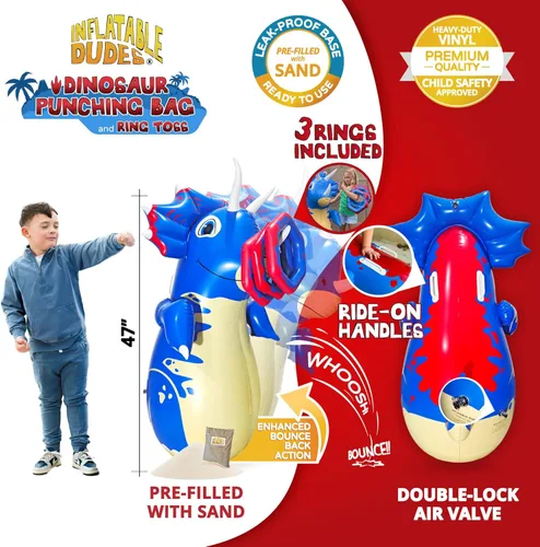 Miniatura 3 de INFLATABLE DUDES Dinosaurio - Saco de boxeo para niños Ya lleno de arena Bolsa Bop Juguete de boxeo inflable Saco de boxeo para niños Blue