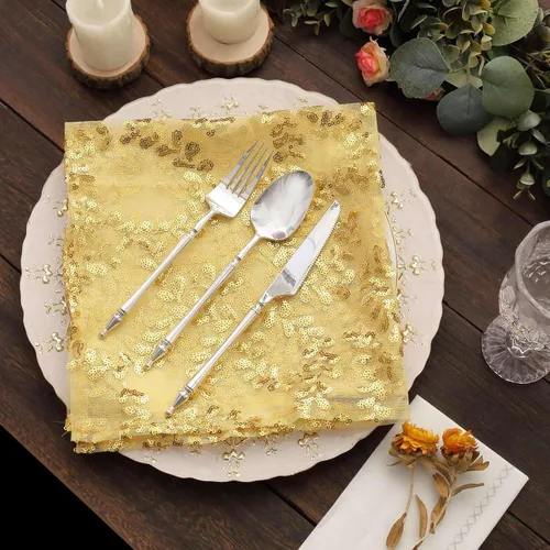 Miniatura 6 de Efavormart Servilletas de tela de cena con hojas de oro brillante y enredaderas bordadas con lentejuelas, servilletas decorativas transparentes