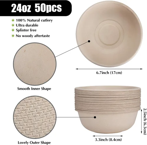 Miniatura 2 de Cuencos de papel desechables, 24 onzas [paquete de 50] Tazón grande - 100% compostable, biodegradable, ecológico, conveniente para el uso diario