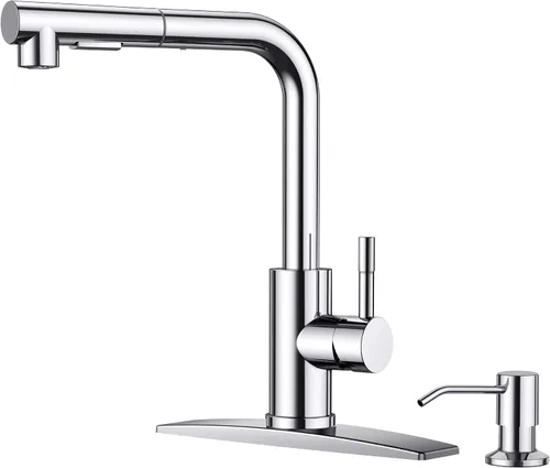 Miniatura 15 de FORIOUS Grifo de cocina negro con rociador desplegable, grifo clásico de acero inoxidable de una sola manija con salida extraíble para fregadero