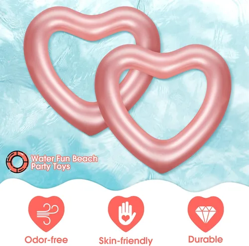 Miniatura 2 de Sumind Flotador de piscina de corazón de 2 piezas, 47.3 x 39.4 pulgadas, anillos de natación inflables para despedida de soltera, tubo flotador, Oro