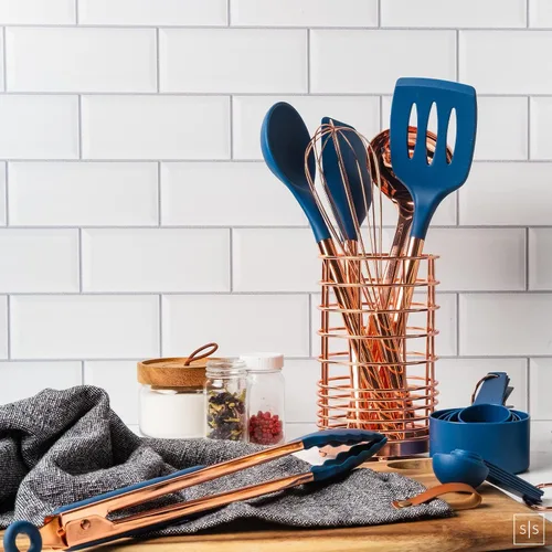Miniatura 5 de Juego de utensilios de cocina de silicona de cobre y azul, juego de 17 piezas con soporte para utensilios de cobre y tazas medidoras y cucharas