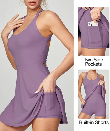 Miniatura 4 de Heathyoga Vestido de tenis con pantalones cortos integrados y brasier atlético para mujer, vestido de entrenamiento de golf trenzado de verano