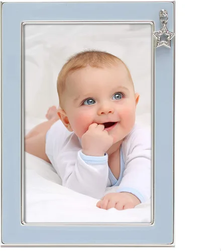 Marco de fotos de bebé chapado en plata de 4 x 6, esmalte azul y dije de estrella de diamantes de imitación, marco de mesa para fotos de bebé niño