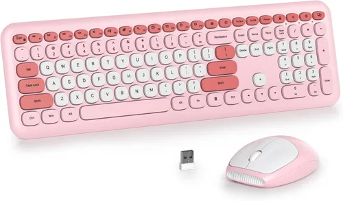 Miniatura 20 de Combo de teclado y mouse inalámbricos de 104 teclas, tamaño completo, color azul con teclas redondas silenciosas, ideal para portátiles y Azul blanco