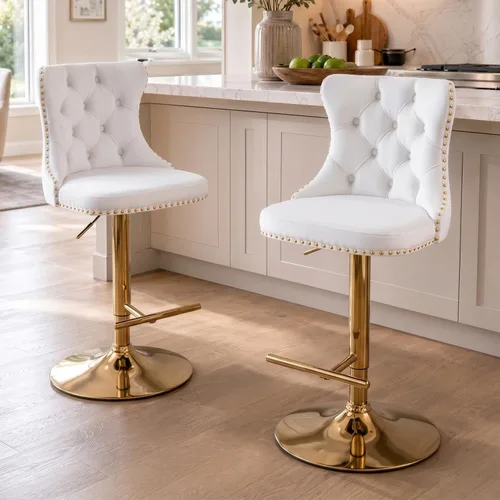 Miniatura 74 de SoarFlash Juego de 2 taburetes de bar tapizados de terciopelo moderno con patas de madera, botones acolchados, cabeza de clavo cromada, asiento