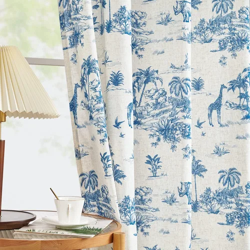 Miniatura 14 de Jinchan Cortinas de lino para sala de estar de 63 pulgadas de largo, con estampado de hojas tropicales, cortinas botánicas de lino estilo rústico
