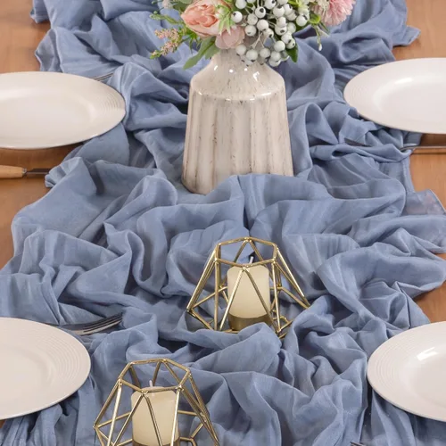 Miniatura 6 de MLMW Paquete de 6 Caminos de Mesa de Estopilla Azul Polvoriento para Revelación de Género Boho Gasa Rústica de Tela de Queso Camino de Mesa 160 Azul