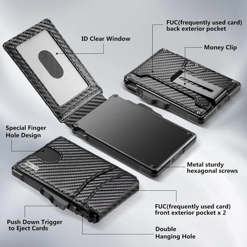 Miniatura 2 de umoven Cartera para hombre con clip para dinero, ranuras de cuero delgadas con bloqueo RFID, billetera minimalista plegable, Negro, Minimalista