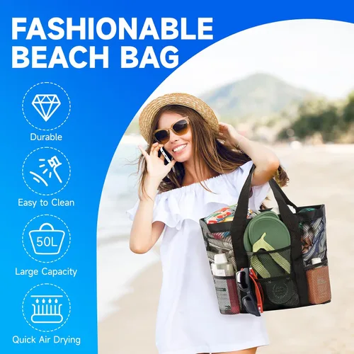 Miniatura 7 de Bolsa de playa de malla, bolsa de playa para mujer, impermeable, a prueba de arena, con bolsa de maquillaje de malla, artículos esenciales