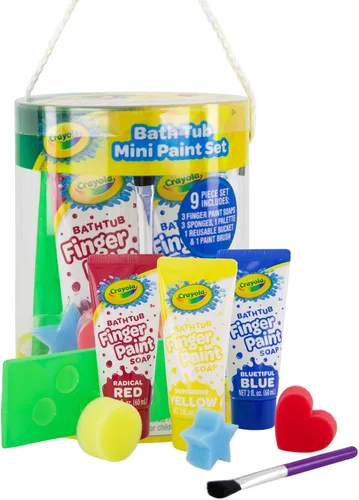 Crayola Juego de 9 piezas de pintura para bañera, minijuego de arte – pinceles, esponjas y pinturas de dedos para lavar, pinturas para dedos de