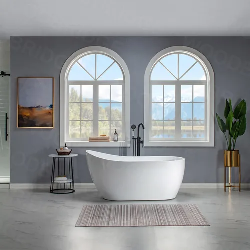 Miniatura 7 de WOODBRIDGE Bañera de acrílico independiente de 59 pulgadas, bañera de remojo contemporánea con desagüe y desbordamiento negro mate B/M