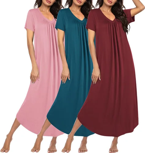 Miniatura 18 de Ekouaer Paquete de 3 camisones largos para mujer, talla grande, vestido de casa de manga corta, cuello en V, camisón casual, M-5XL
