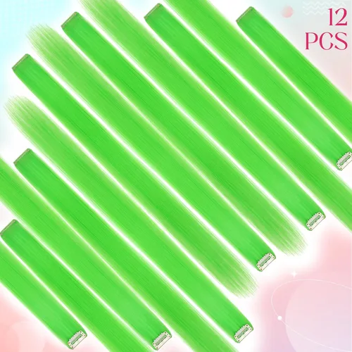 Miniatura 2 de FELENDY 12 extensiones de cabello con clip de color, lacio, ondulado, sintético, para mujer, verde claro