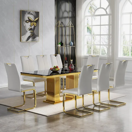 Miniatura 55 de Juego de mesa de comedor de 5 piezas, moderno juego de mesa de comedor para 4, 70 pulgadas, juego de mesa de comedor de mármol sintético blanco