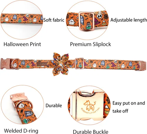 Miniatura 2 de Elegant Little Tail - Collar de Halloween para mascotas, naranja con calabaza y flores, suave y duradero para perros pequeños Halloween B