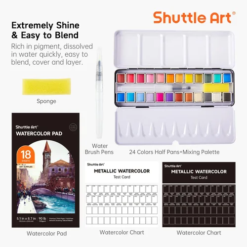 Miniatura 4 de Shuttle Art - Pinturas de acuarela metálicas, 24 colores de pintura de acuarela con purpurina en medias sartenes con pincel de agua, almohadilla