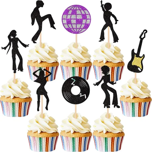 Rsstarxi Paquete de 24 adornos y selecciones de cupcakes de discoteca de los años 70 y 80 con purpurina para decoración de pasteles para bola de