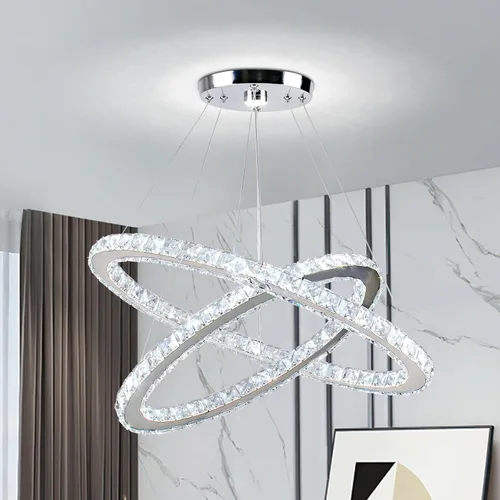 Miniatura 13 de Candelabro LED de cristal con iluminación regulable LED moderna lámpara de techo de 3 anillos ajustable de acero inoxidable para dormitorios y sala