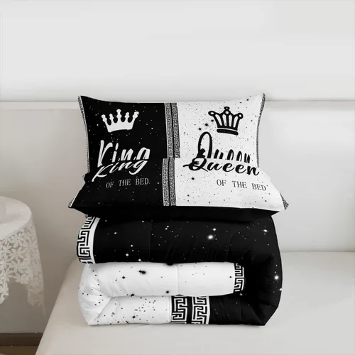 Miniatura 3 de jejeloiu Juego de edredón con patrón de corona, edredón estampado King y Queen para niños y adolescentes, juego de ropa de cama moderno de arte