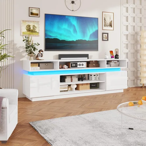 Miniatura 12 de chartustriable Soporte de TV LED para TV de 80 pulgadas, centro de entretenimiento alto moderno con tomas de corriente, soporte de TV de alto