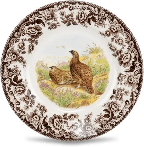 Miniatura 33 de Spode Woodland - Plato de ensalada de porcelana fina, diseño de lucioperca con borde floral marrón, vajilla clásica de campo inglés para cenas