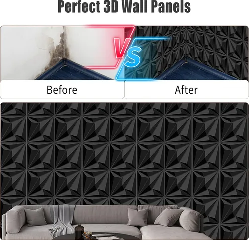 Miniatura 5 de Paneles decorativos de pared 3D, paquete de 33 azulejos texturizados de PVC de 12 x 12 pulgadas, color negro, cubre 33 pies cuadrados, arte de pared