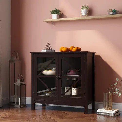 Miniatura 3 de Mesa de bufé de cocina elegante para el hogar, aparador, mesa de consola con 2 puertas de vidrio y estante de almacenamiento, armario de entrada