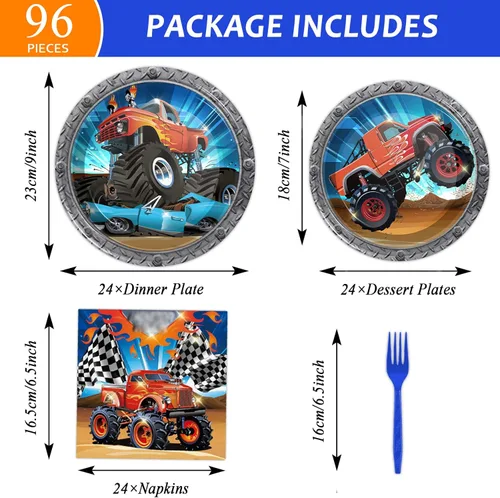 Miniatura 2 de Tevxj Juego de vajilla de cumpleaños de camión de 96 piezas, vajilla desechable de coche de carreras, platos de fiesta temática de camión