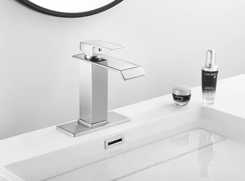 Miniatura 5 de Grifo de baño de níquel cepillado, un solo agujero, mango único, cascada, grifo de lavabo de baño, mezclador, montaje en cubierta con montaje