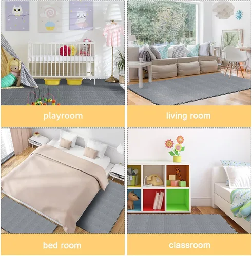 Miniatura 6 de Shihanee Alfombrillas de espuma para el suelo, tapetes de juego a granel con bordes entrelazados para gimnasio, guardería, dormitorio (64 pies, gris)